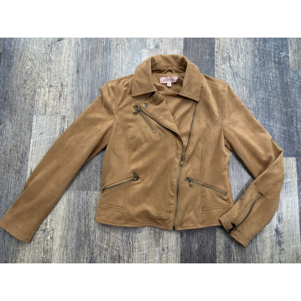 Philosophy Republic Clothing Faux Suede Moto Jacket Tan Camel XS RN 93178